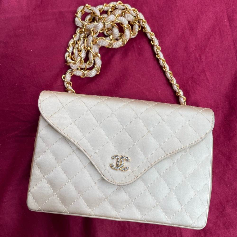 CHANEL ivory white cream satin silk bag